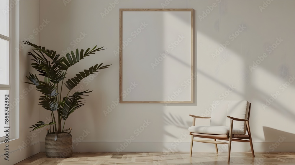 Elegant Wooden Frame and Chic Chair in a Minimalist Room Interior Design Elegant Wooden Frame and Chic Chair in a Minimalist Room Interior Design