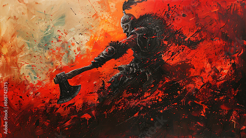 painting of a viking warrior with axe in battle,  abstract, texture, art, red, color, textured, pattern, paint,  grunge, colorful, war, battle, axe, viking,