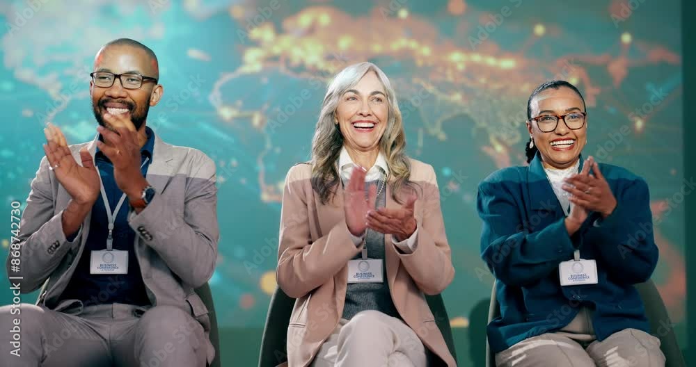 Smile, people and conference for business, clapping and c of employees in event and climatologists. Presentation, applause and joy of group, world map and breakthrough for research of climate change