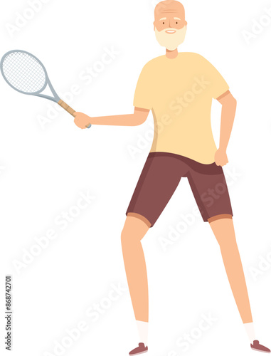 Senior man wearing sportswear playing tennis holding racket, active lifestyle concept