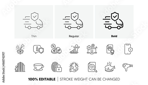 Fish dish, Online job and Lock line icons. Pack of Smartphone protection, Currency exchange, Hair dryer icon. Save planet, Winner, Transport insurance pictogram. Dog certificate, Agent. Vector