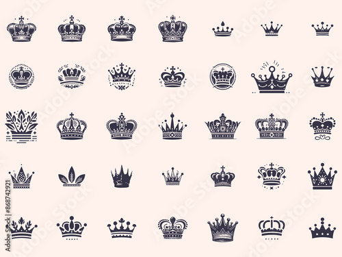 Royal Vintage Crown kings Silhouettes Set, Retro Crown Vector Illustration Icons.