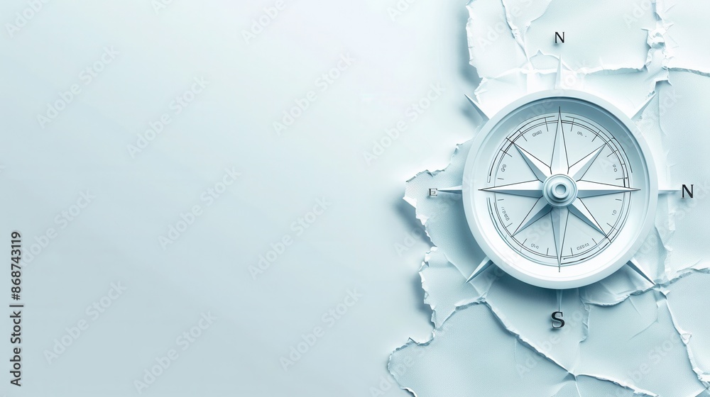 A close-up shot of a white compass with clear lines on a light blue ...