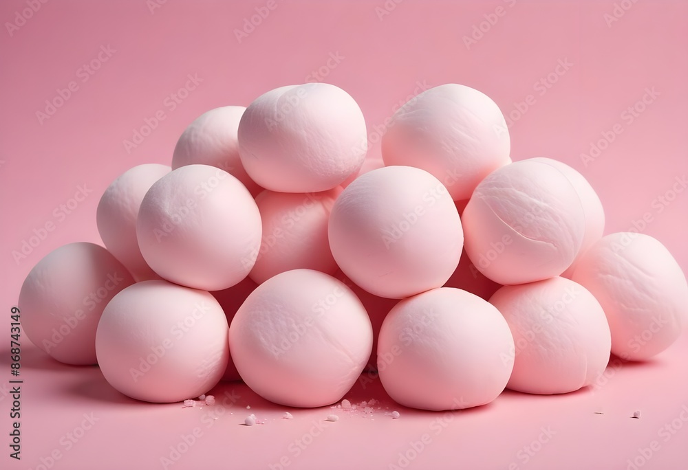 Soft pink marshmallows or cotton candy balls, close-up view of the fluffy, round confections against a pink background Soft pink marshmallows or cotton candy balls, close-up view of the fluffy, round confections against a pink background