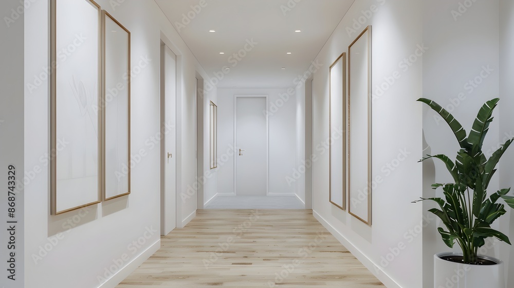 Fototapeta premium Luminous Minimalist Hallway with Captivating Frame Mockup in 3D Rendering