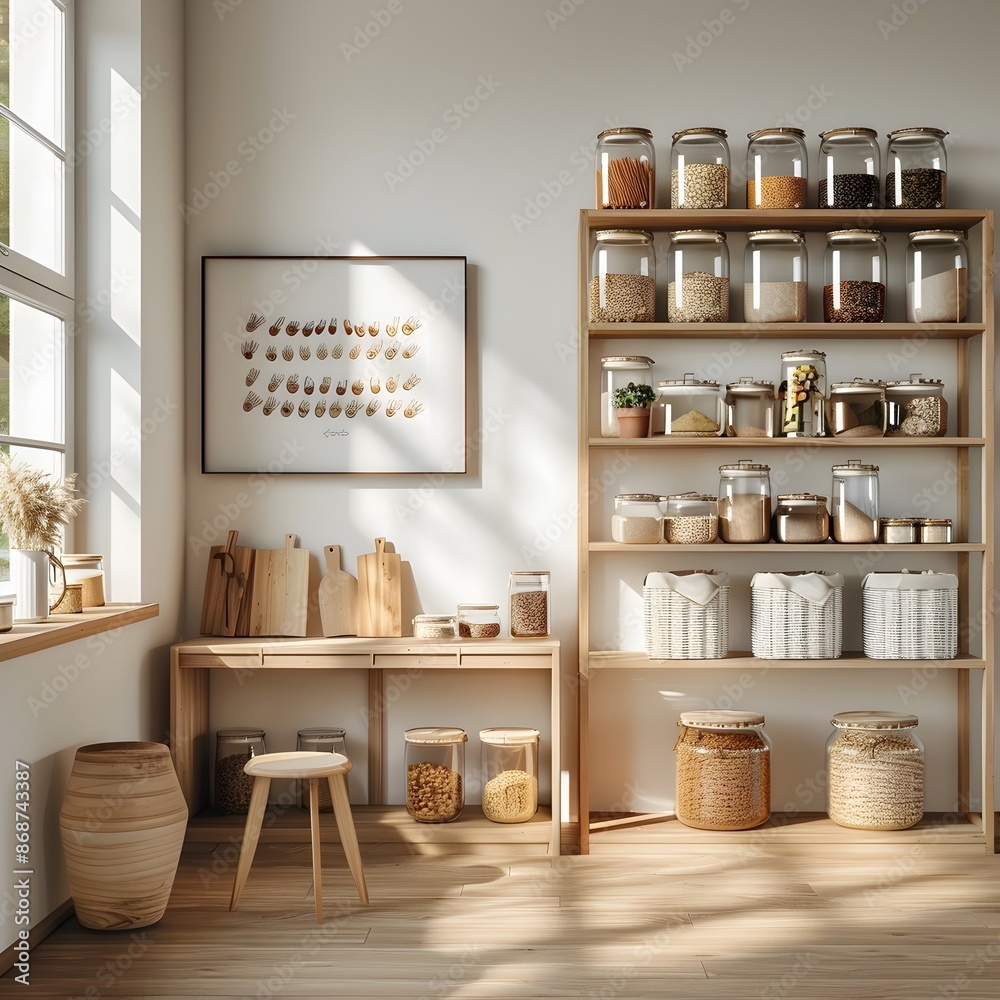 Meticulously Organized Minimalist Pantry with Labeled Storage Jars in a Sleek Interior Design Scene