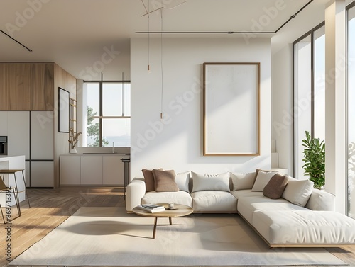 Minimal and Airy Open-Plan Living Area with Frame Mockup in 3D Rendering