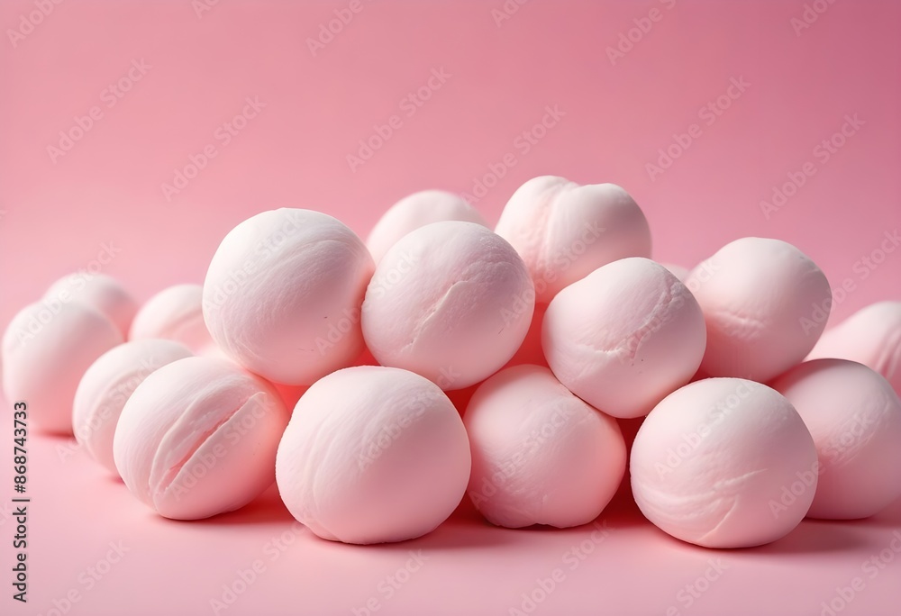 Soft pink marshmallows or cotton candy balls, close-up view of the fluffy, round confections against a pink background
Soft pink marshmallows or cotton candy balls, close-up view of the fluffy, round confections against a pink background