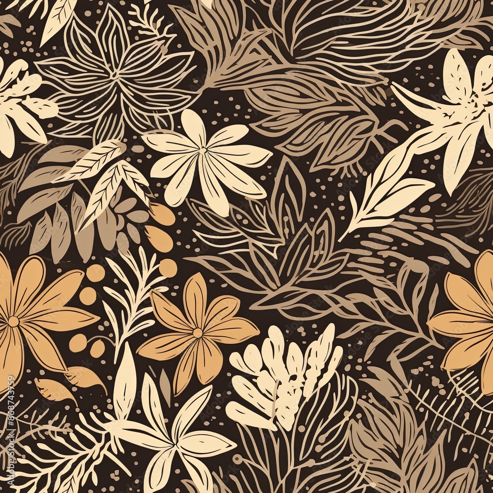 Abstract floral lino cuts of leaves and flowers designed in a random pattern Abstract floral lino cuts of leaves and flowers designed in a random pattern