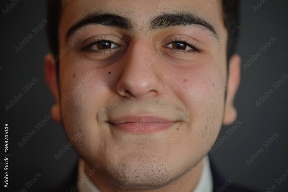 Close-up portrait of a young man of Middle Eastern descent, studio photo, against a sleek gray studio backdrop Close-up portrait of a young man of Middle Eastern descent, studio photo, against a sleek gray studio backdrop
