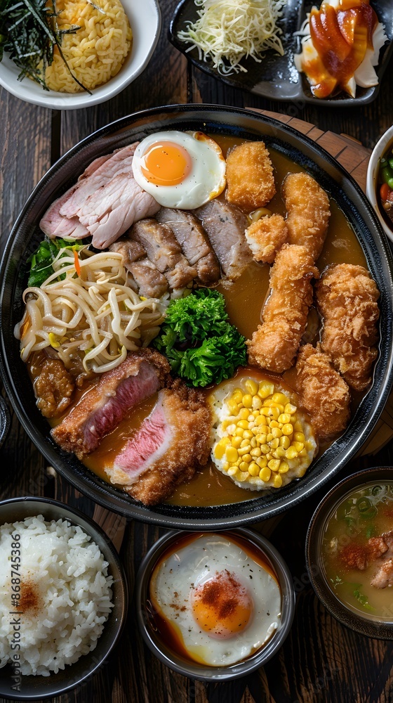 A delicious Japanese curry with pork, chicken, and vegetables A delicious Japanese curry with pork, chicken, and vegetables