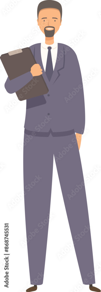 Businessman holding clipboard, standing confidently in a suit and tie Businessman holding clipboard, standing confidently in a suit and tie