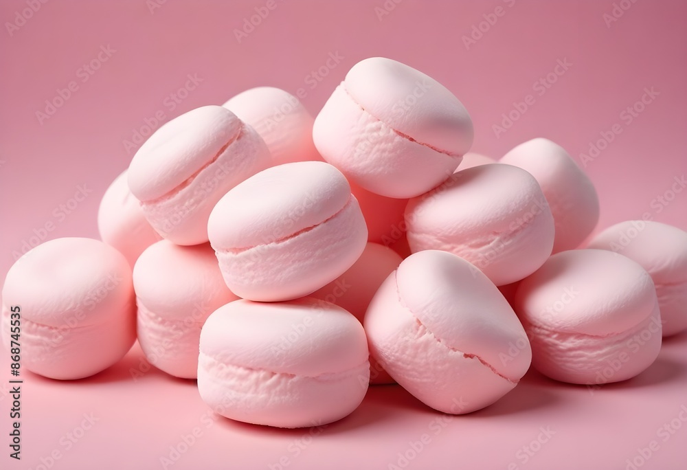 Soft pink marshmallows or cotton candy balls, close-up view of the fluffy, round confections against a pink background Soft pink marshmallows or cotton candy balls, close-up view of the fluffy, round confections against a pink background