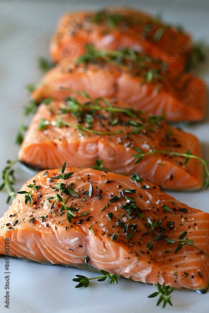 Four pieces of raw salmon fillet with herbs and spices Four pieces of raw salmon fillet with herbs and spices