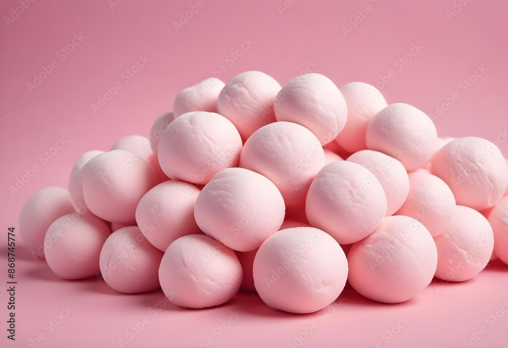Soft pink marshmallows or cotton candy balls, close-up view of the fluffy, round confections against a pink background Soft pink marshmallows or cotton candy balls, close-up view of the fluffy, round confections against a pink background