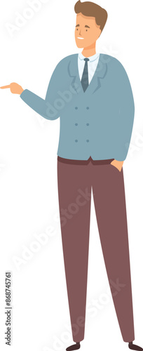 Businessman pointing aside and smiling presenting something business character full length
