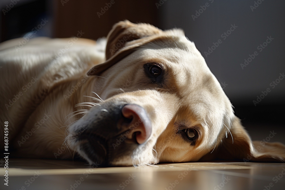 Obraz premium Close-up of a Labrador retriever lying on the floor, looking into the camera with a relaxed and calm expression.