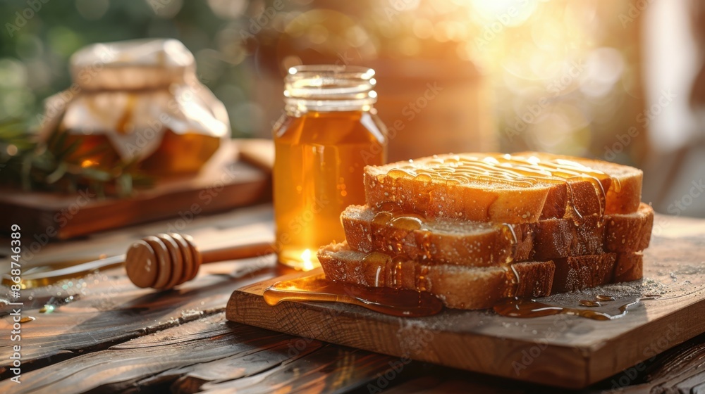 fresh bread drizzled with honey on a wooden table fresh bread drizzled with honey on a wooden table
