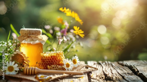 fresh honey and milk on a wooden table on a sunny summer day