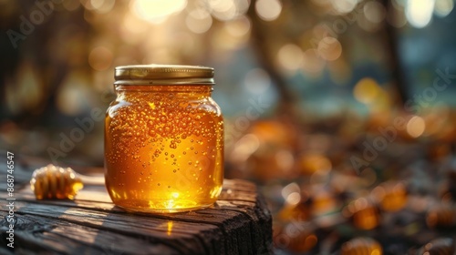 fresh honey in a transparent jar on a wooden table close-up.