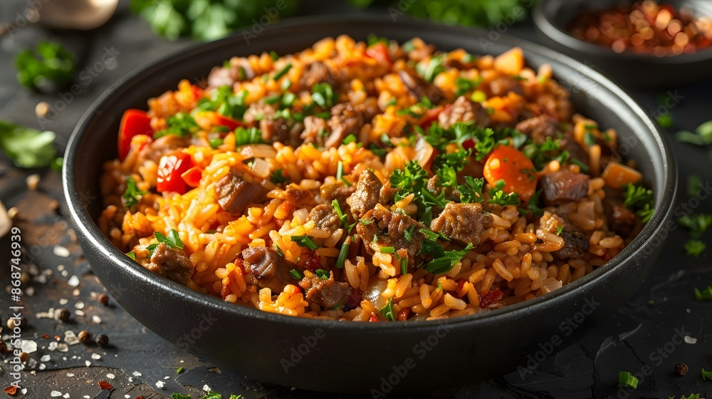 Close Up of Delicious Rice with Meat and Vegetables Close Up of Delicious Rice with Meat and Vegetables