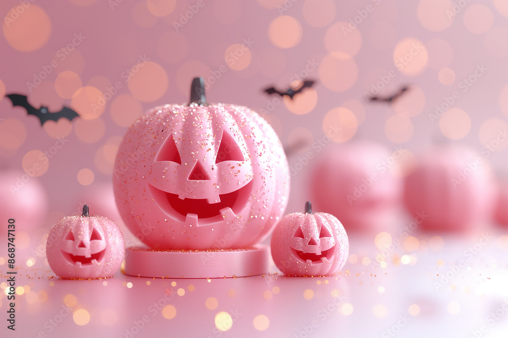 Pink pumpkins with black eyes and a smile on their faces