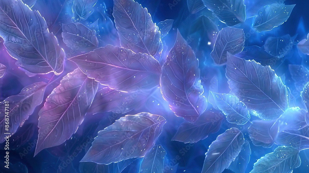 Naklejka premium A detailed image showcases various green foliage against a vibrant blue and purple backdrop, featuring droplets of water splashing onto the leaves