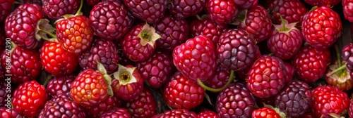 Loganberry texture background, Rubus loganobaccus fruits pattern, many logan berry mockup photo