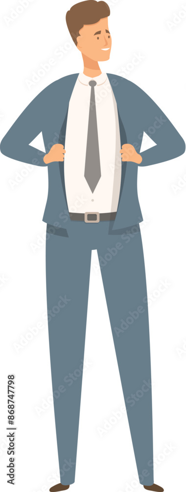 Businessman is opening his suit jacket to reveal his shirt and tie, expressing confidence and success Businessman is opening his suit jacket to reveal his shirt and tie, expressing confidence and success