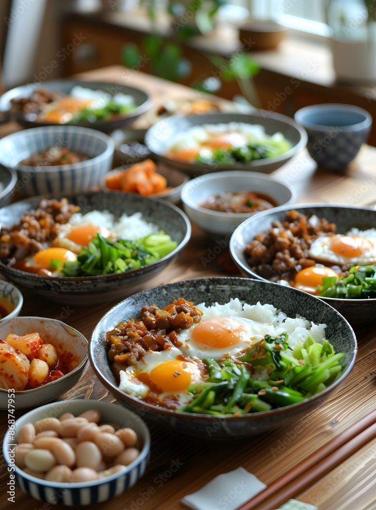 Spicy pork rice bowls with fried eggs and vegetables Spicy pork rice bowls with fried eggs and vegetables