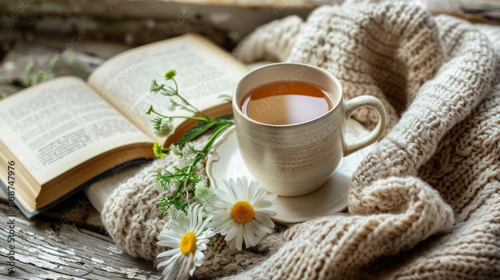A cozy scene with a cup of chamomile tea, garnished with a fresh chamomile flower, placed next to a book and a warm blanket A cozy scene with a cup of chamomile tea, garnished with a fresh chamomile flower, placed next to a book and a warm blanket