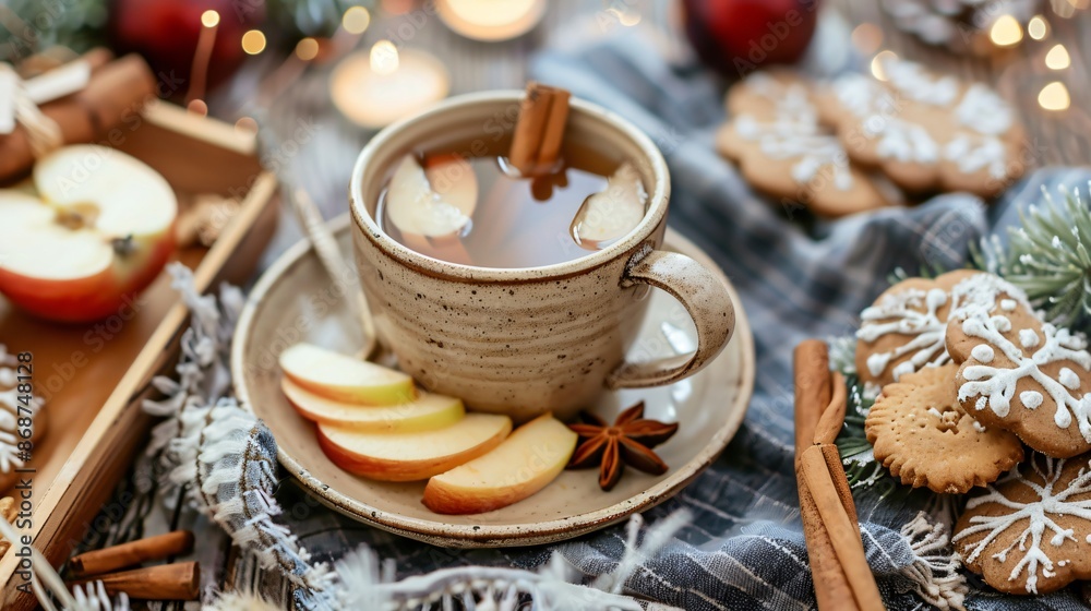 A cozy winter scene with a cup of cinnamon apple tea, a stick of cinnamon for stirring, and a plate of apple slices and cinnamon cookies A cozy winter scene with a cup of cinnamon apple tea, a stick of cinnamon for stirring, and a plate of apple slices and cinnamon cookies