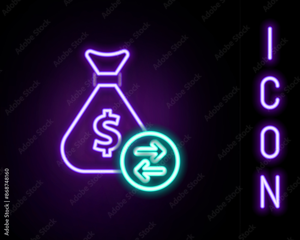 Glowing neon line Money bag icon isolated on black background. Dollar or USD symbol. Cash Banking currency sign. Colorful outline concept. Vector Glowing neon line Money bag icon isolated on black background. Dollar or USD symbol. Cash Banking currency sign. Colorful outline concept. Vector