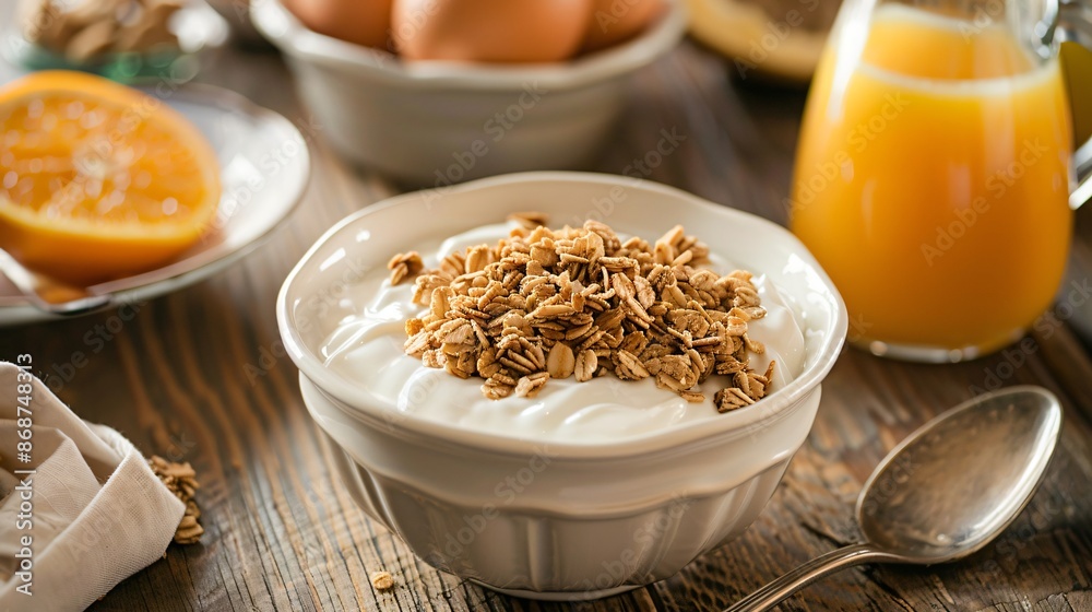 A healthy breakfast setup with a bowl of yogurt, a handful of granola, and a small pitcher of freshly squeezed orange juice A healthy breakfast setup with a bowl of yogurt, a handful of granola, and a small pitcher of freshly squeezed orange juice
