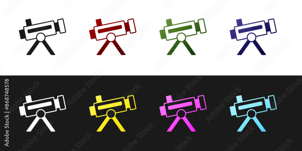 Set Telescope icon isolated on black and white background. Scientific tool. Education and astronomy element, spyglass and study stars. Vector Set Telescope icon isolated on black and white background. Scientific tool. Education and astronomy element, spyglass and study stars. Vector