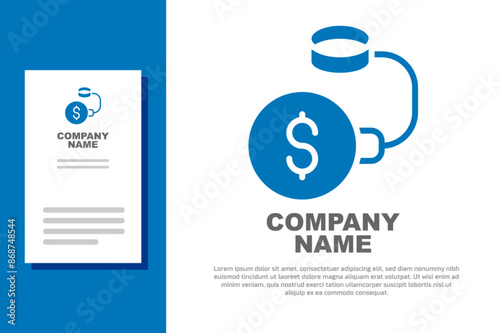 Blue Debt ball chained to dollar coin icon isolated on white background. Big heavy debt weight with shackles and money. Financial crime, fee, crisis. Logo design template element. Vector