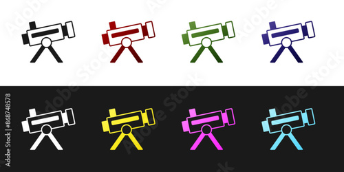 Set Telescope icon isolated on black and white background. Scientific tool. Education and astronomy element, spyglass and study stars. Vector