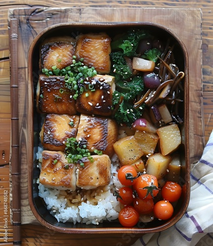 A delicious and healthy bento box with grilled fish, vegetables, and rice photo