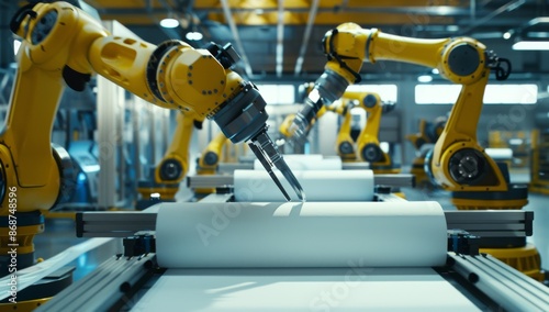Yellow robotic arms working on an automated assembly line in modern factory © Fat Bee