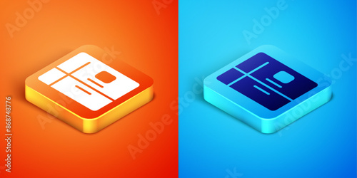 Isometric Refrigerator icon isolated on orange and blue background. Fridge freezer refrigerator. Household tech and appliances. Vector
