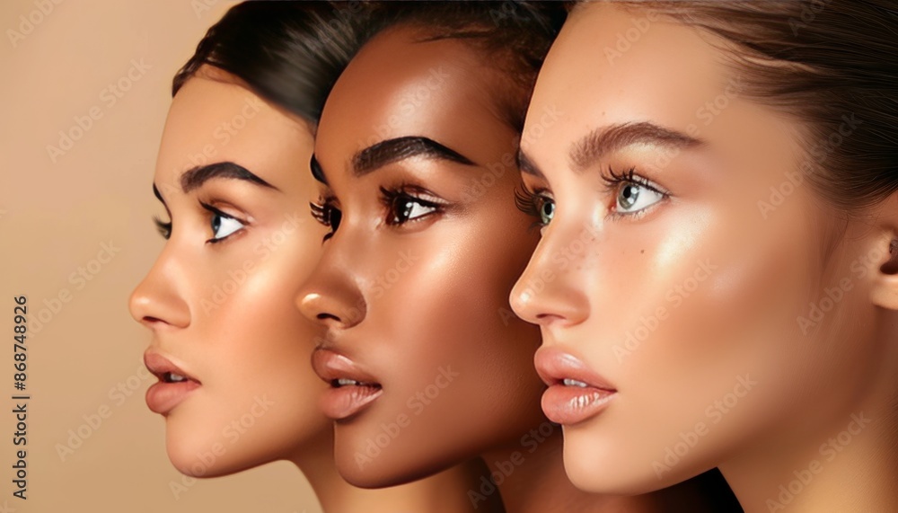 Portrayal of diverse young women with flawless skin in a captivating group portrait Portrayal of diverse young women with flawless skin in a captivating group portrait