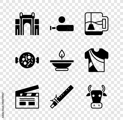 Set India Gate in Delhi, Wood cricket bat and ball, Cup of tea with tea bag, Bollywood indian cinema, Bamboo flute, Cow, Chicken tikka masala and Aroma lamp icon. Vector