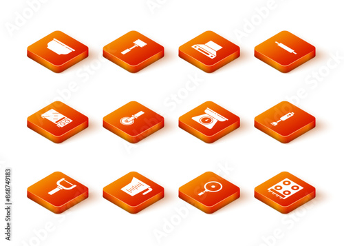 Set Peeler, Measuring cup, Microwave oven, Pizza knife, Frying pan, Scales, Gas stove and Blender icon. Vector
