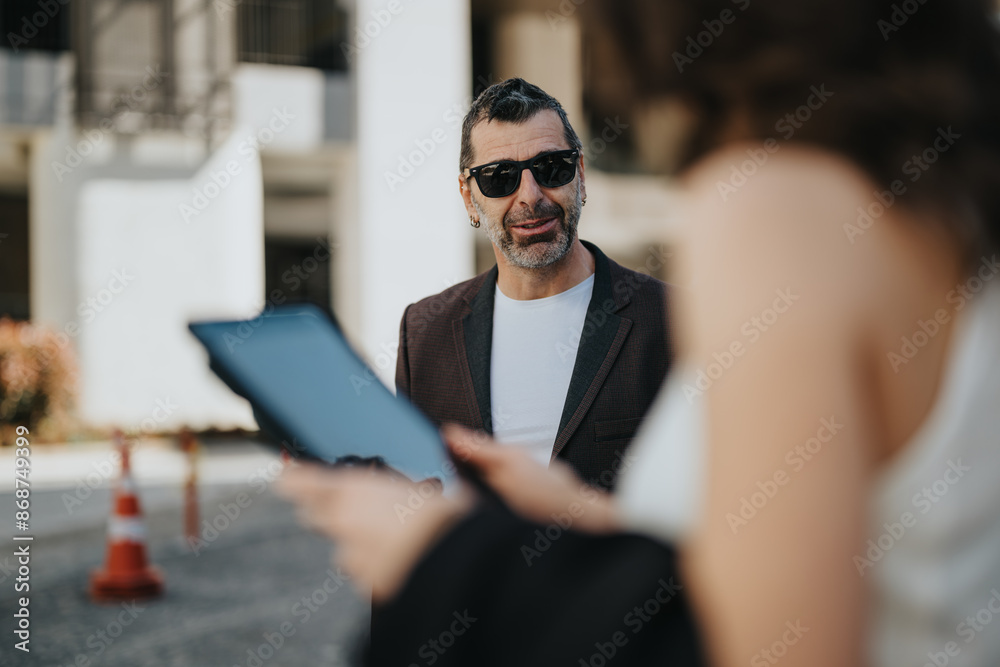 Business team in casual attire engaged in a discussion over statistical data on a tablet in an urban outdoor environment. Business team in casual attire engaged in a discussion over statistical data on a tablet in an urban outdoor environment.