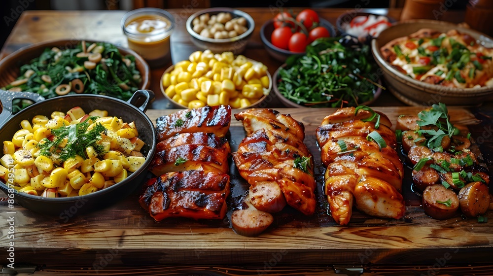 A delicious meal of grilled chicken, sausage, potatoes, corn, and salad A delicious meal of grilled chicken, sausage, potatoes, corn, and salad