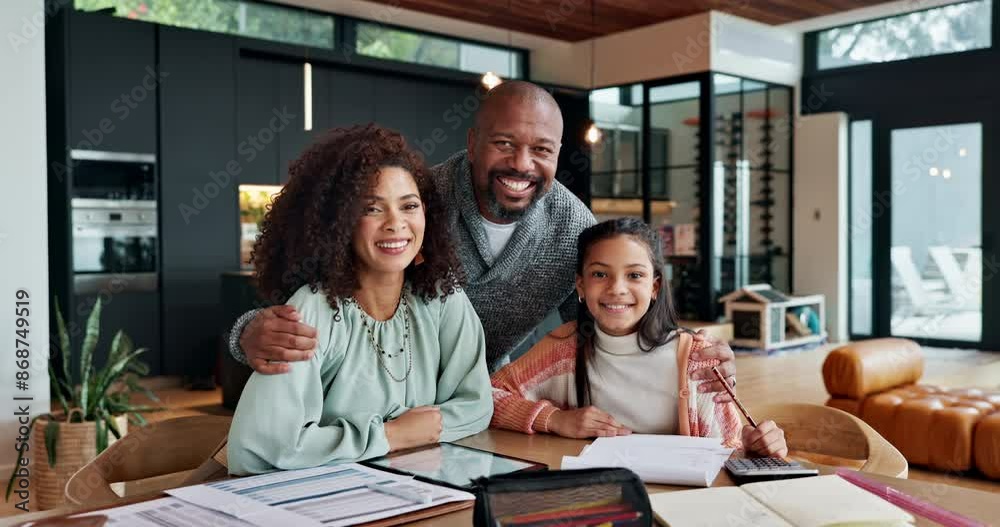 Black family, portrait and hug for love in home, together and relationship for support. Parents, daughter and study for test or assignment, planning and confident in embrace for love or remote work Black family, portrait and hug for love in home, together and relationship for support. Parents, daughter and study for test or assignment, planning and confident in embrace for love or remote work