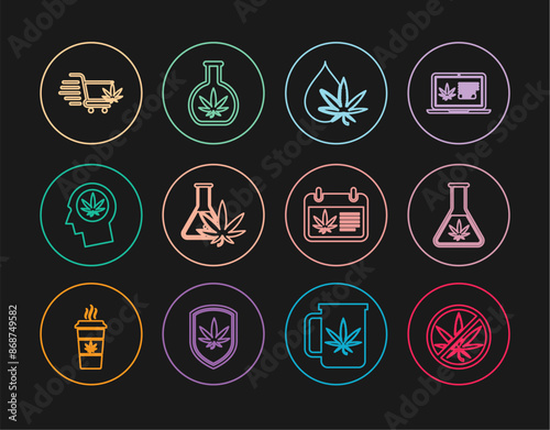 Set line Stop marijuana, Test tube with, Marijuana or cannabis leaf oil, Head in profile, Shopping cart, Calendar and and icon. Vector
