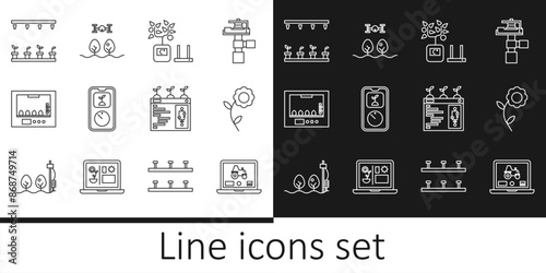 Set line Laptop application for smart farm, Flower, Smart farming technology, Incubator eggs, Automatic irrigation sprinklers, and with drone icon. Vector