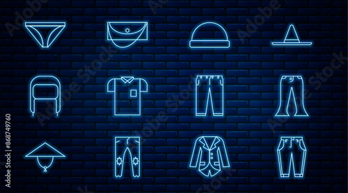 Set line Pants, Beanie hat, Polo shirt, Winter with ear flaps, Men underpants, and Clutch bag icon. Vector