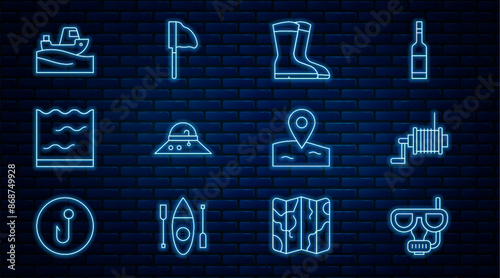 Set line Diving mask and snorkel, Spinning reel for fishing, Fishing boots, Fisherman hat, Aquarium, boat on water, Location and net with icon. Vector